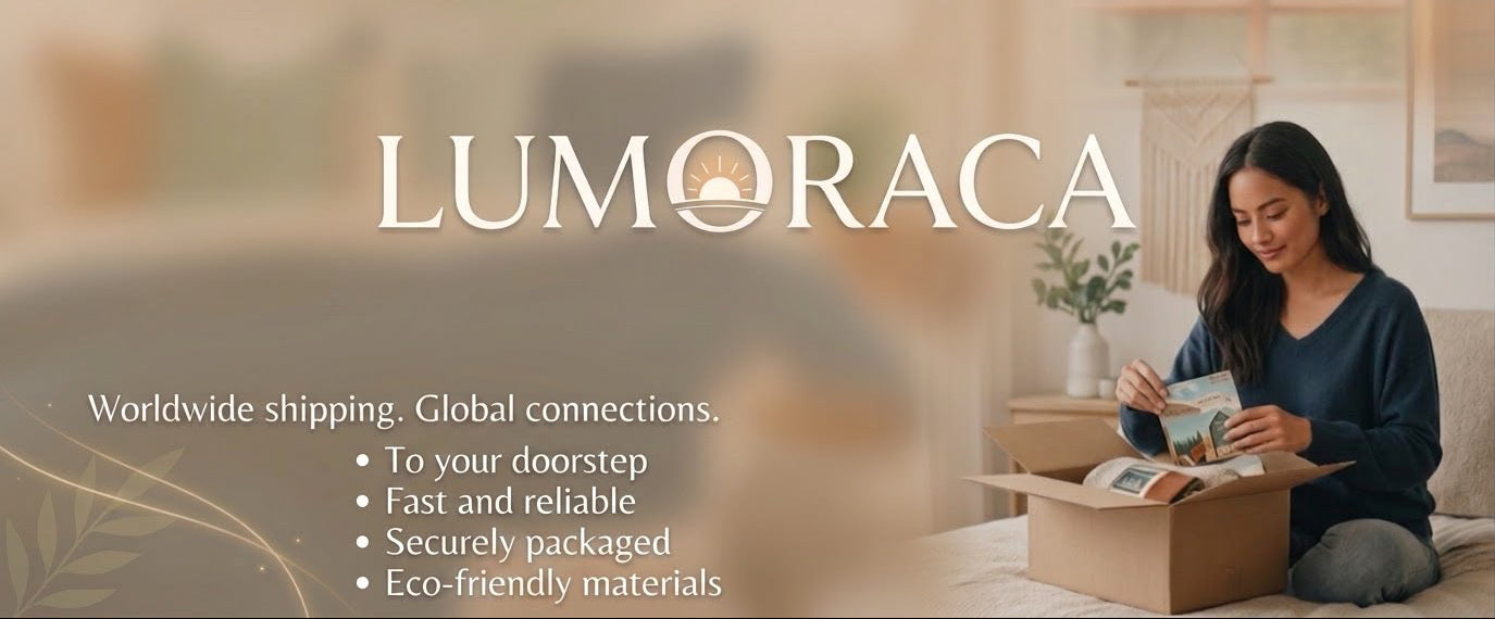 A promotional graphic for LUMORACA featuring a woman sitting on a couch in a cozy living room, opening a cardboard box. The left side has a soft beige gradient with the brand name 'LUMORACA' in large white letters and bullet points about worldwide shipping.