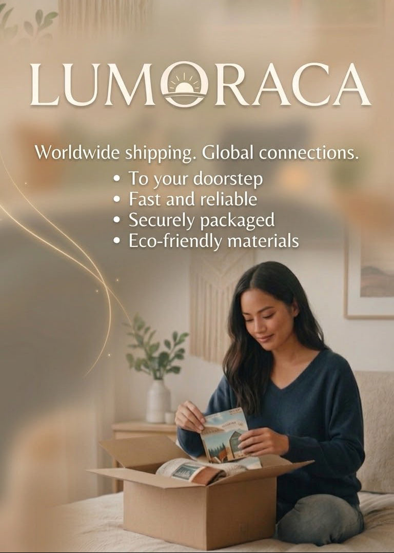 A promotional graphic for LUMORACA featuring a woman sitting on a bed in a cozy room, opening a cardboard box. The background is warm and softly blurred with a macrame wall hanging and mountains.